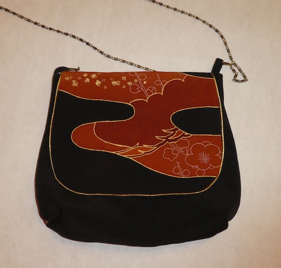 Silk messenger bag made from vintage Japanese kimono. Black with gold, brown Asian motifs. Fully lined B84