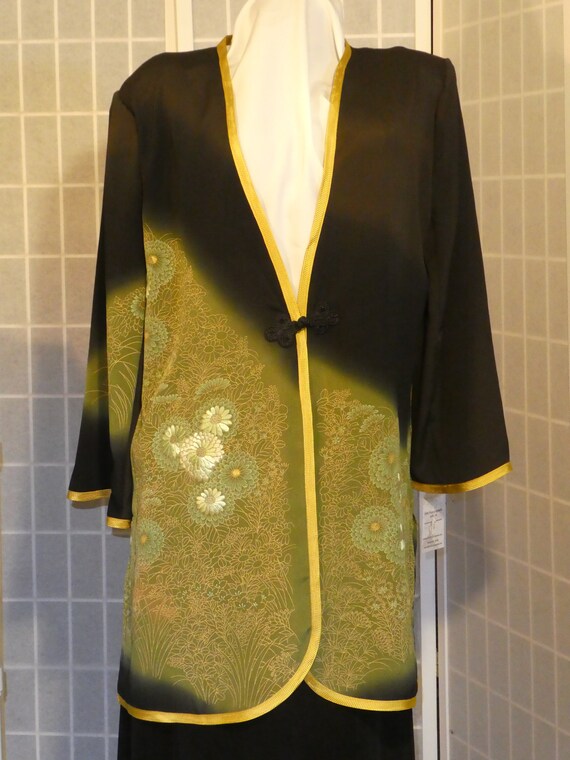 Black, green, gold silk jacket "Asian flowers" duster Mother of the Bride outfit from Japanese kimono silk Size Medium #L90