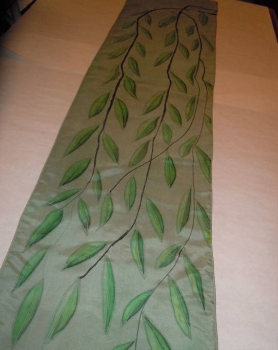 Silk scarf "willow branches" hand painted original design gray green scarf #S168