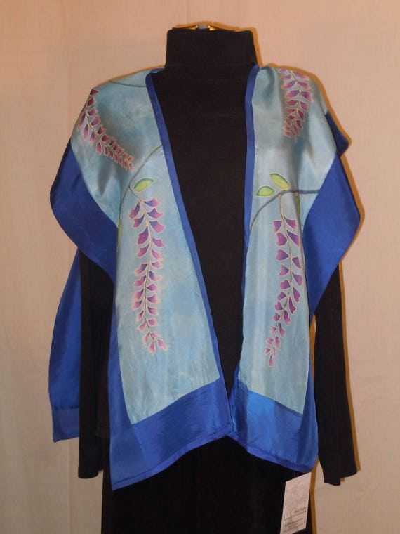 Silk shawl "wisteria" hand painted silk top; one size silk tunic; original design hand painted silk; blue tunic; #V11