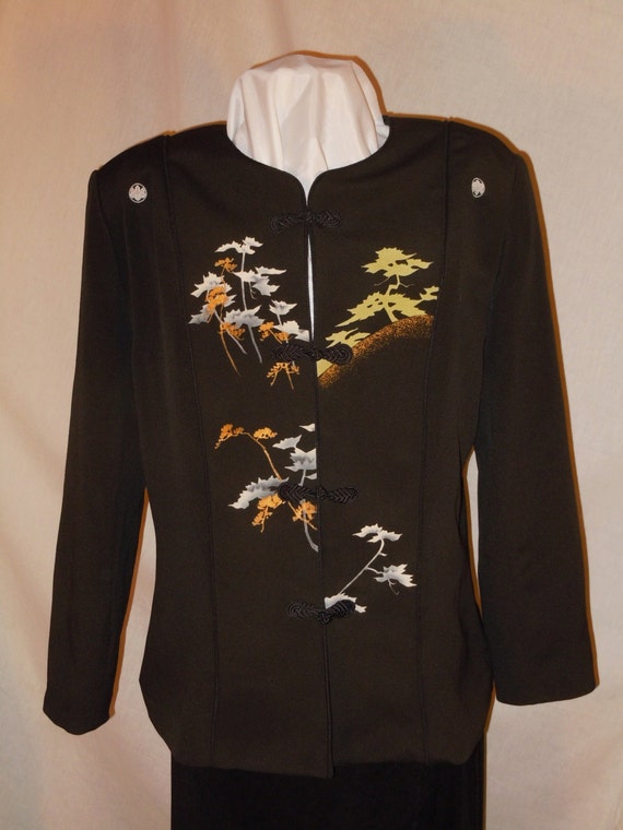 Medium Black silk jacket "Mountain Sunset" from vintage kimono, Special Occasion, Hand painted Asian motifs. One of a Kind. #F46