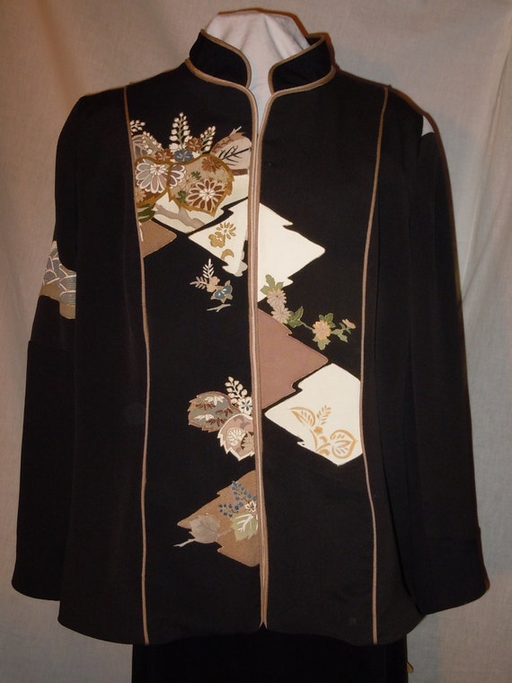 Black silk jacket from vintage kimono, with gold hand dyed motifs and embroidery, size large. One of a Kind #F20