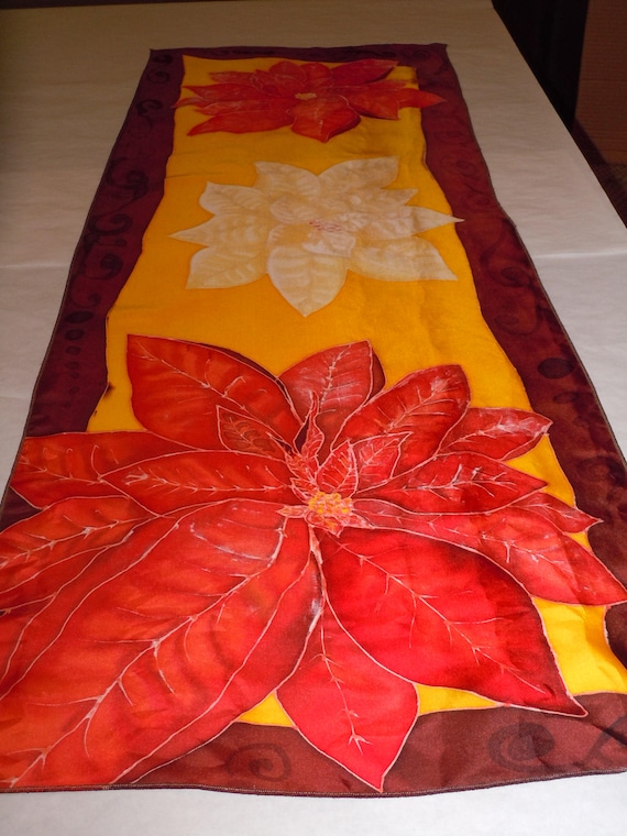 Silk scarf "poinsettias" hand painted original design red orange rust #S165