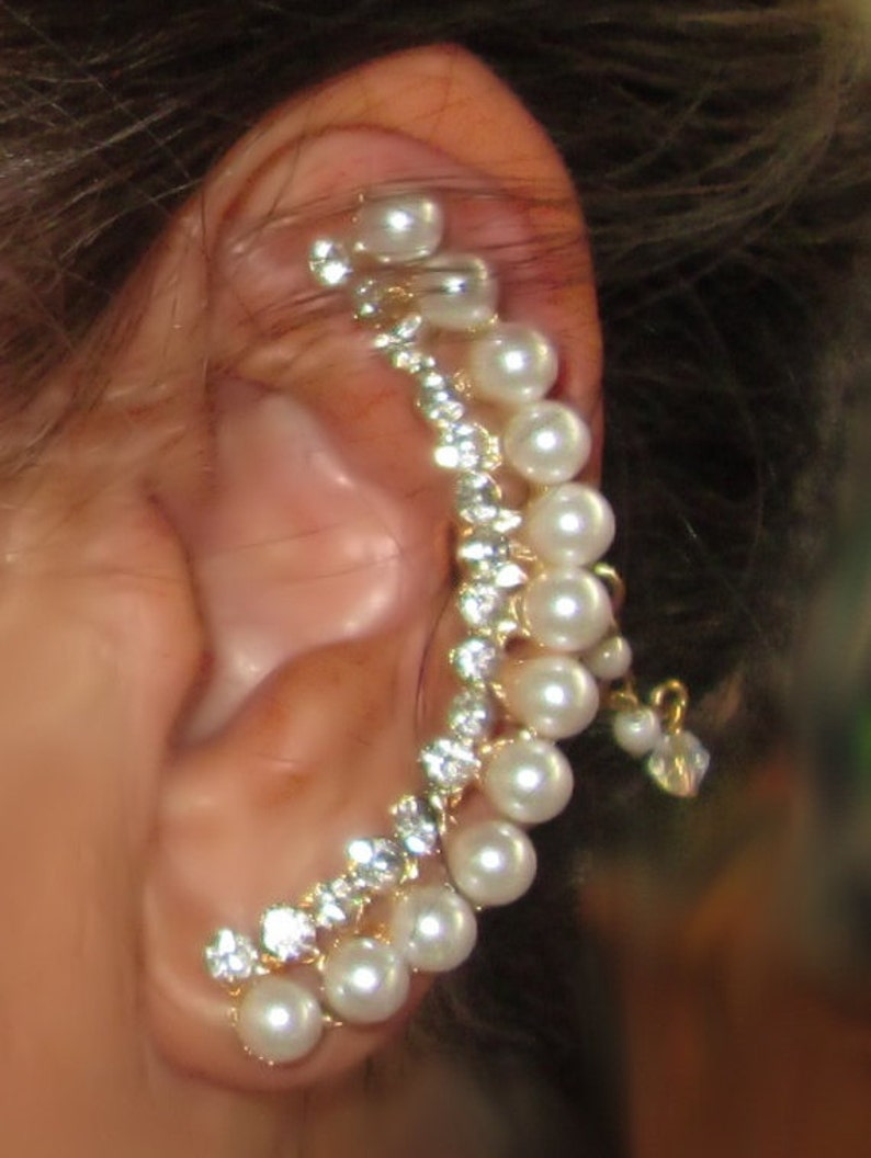 PEARL Rhinestone Sparkling Studded Gold Plated or Silver Plated Full EAR CUFF with drop crystals