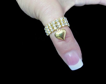 3 Row Austrian Crystal Rhinestone Puffed Heart Stretch Ring Gold gep Silver gep