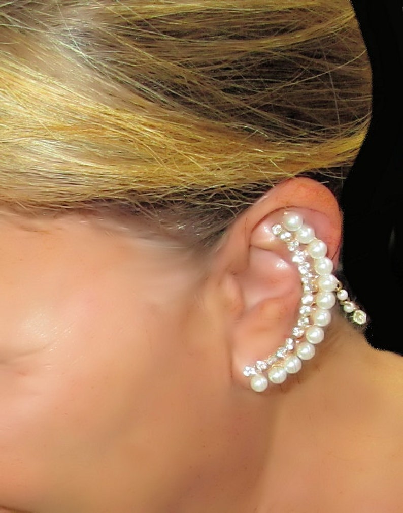 PEARL Rhinestone Sparkling Studded Gold Plated or Silver Plated Full EAR CUFF with drop crystals