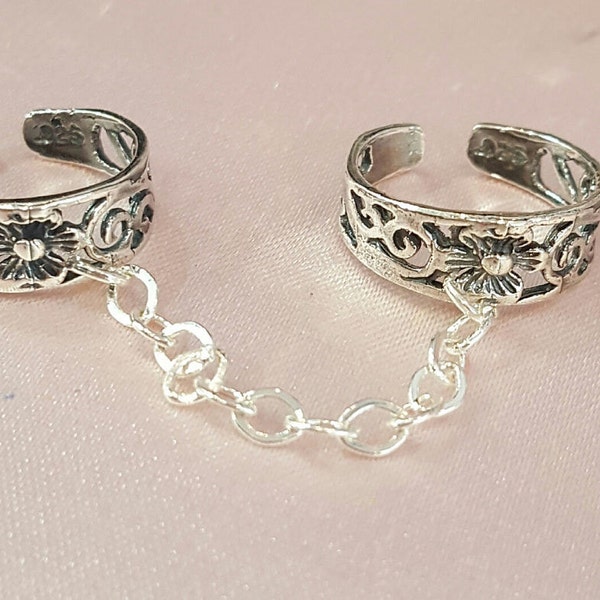 Connected beautiful open floral motif adjustable toe rings Silver  chains PLAIN STERLING FLOWERS