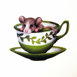 Green Tea Mouse Wall Sticker / Decal, mouse in a vintage teacup