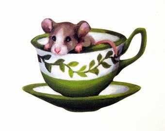 Green Tea Mouse Wall Sticker / Decal, mouse in a vintage teacup