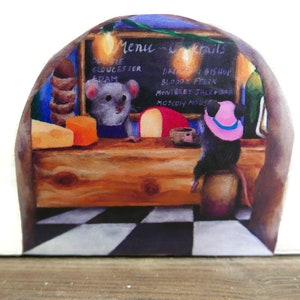 May include: A painting of a mouse bar with a menu listing drinks like "Dribbling Bishop" and "Bloody Felix". The mouse bartender is wearing a blue vest and a gray shirt. A mouse customer is wearing a pink cowboy hat and sitting at the bar.