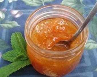 May include: A jar of orange-colored jam with a spoon inside, next to a sprig of green mint. The jam appears to be thick and glistening. The jar is on a blue floral patterned surface.