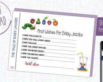 Book Baby Shower, Custom First Wishes for Baby Card,  Customize, Baby Sprinkle, Storybook, Instant, Editable, Corjl, Mouse, Caterpillar