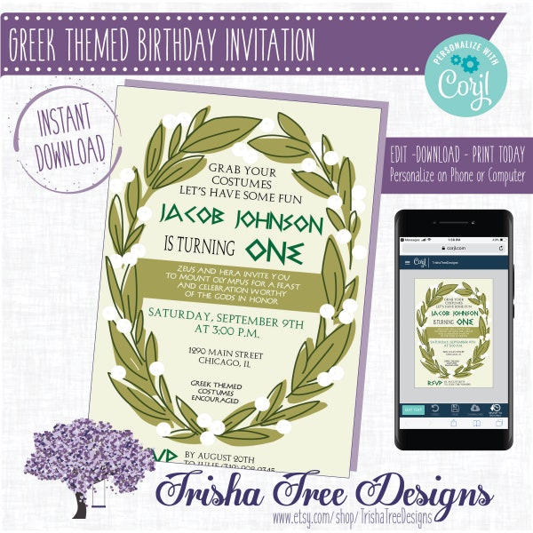 Greek Themed Birthday Party Invitation - Greek Birthday Invite - Greek Mythology - Greek Gods - Greek Theme - Laurel - Wreath - Bday Invite
