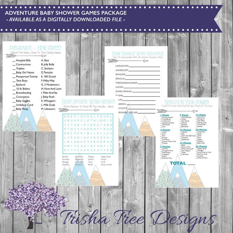 Baby Shower Game Package Adventure Begins Baby Shower Games Etsy Baby Shower Game Package Adventure Begins Baby Shower Games Etsy