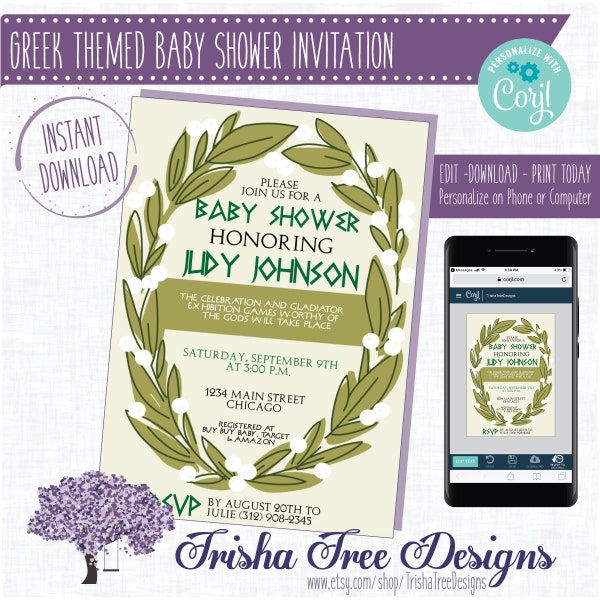 Greek Themed Baby Shower Invitation - Greek Shower Invite- Greek Mythology - Zeus - Green Ivy - Ancient Greece - Corjl - Instant Edit