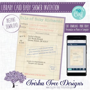 Library Card Baby Shower Invite -Book Theme Baby Shower Invitation - Instant - Storybook Shower - Brunch - Sprinkle - Library - Corjl