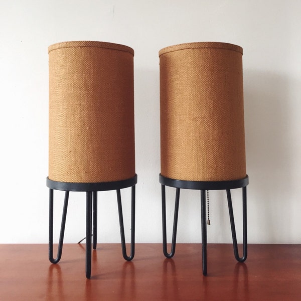 Mid Century Modern Lamp Set . Tripod lamp . Hairpin legs . Burlap Shade . Barrel Lamps