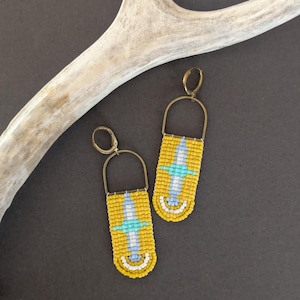 Val Earrings. Square Brass Earrings, Seed Bead Weaving, Geometric Design