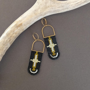 Val Earrings. Square Brass Earrings, Seed Bead Weaving, Geometric Design