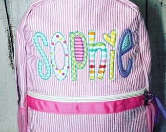 Pink Monogram applique School Backpack, Personalized Bookbag, personalized diaper bag. perfect for school, sports bag, dance bag, or overnig