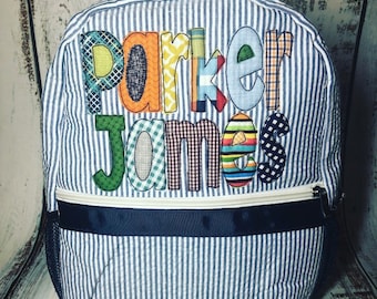 Navy Applique name Backpack, Personalized Bookbag, personalized diaper bag. Seersucker monogram bag perfect for school, sports bag,