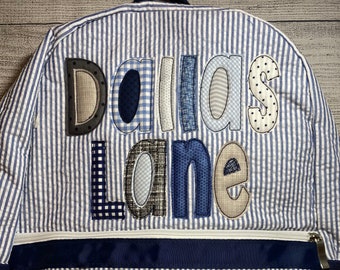 Navy Applique name Backpack, Personalized Bookbag, personalized diaper bag. Seersucker monogram bag perfect for school, sports bag,