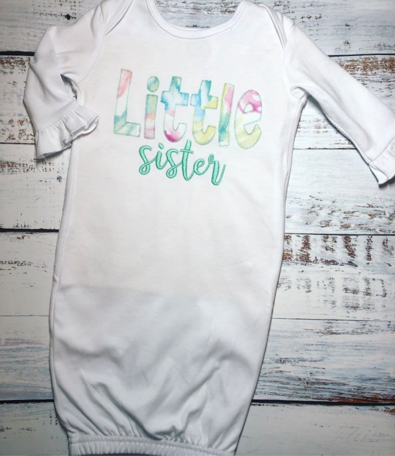 Sibling Set Newborn Gown Little Sister Ruffle Baby Gown Personalized Embroidered Baby Gown