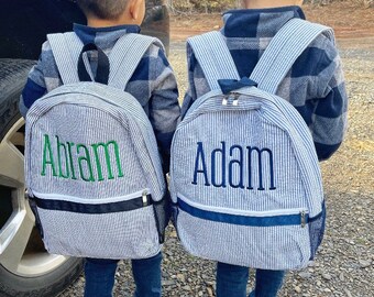 Navy Applique name Backpack, Personalized Bookbag, personalized diaper bag. Seersucker monogram bag perfect for school, sports bag,