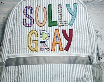 Grey Applique name Backpack, Personalized Bookbag, personalized diaper bag. Seersucker monogram bag perfect for school, sports bag,