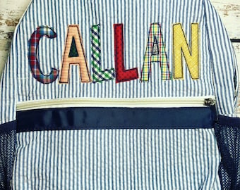 Navy Applique name Backpack, Personalized Bookbag, personalized diaper bag. Seersucker monogram bag perfect for school, sports bag,