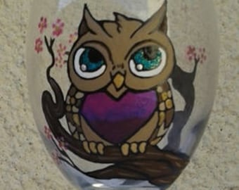 Hand Painted, Cute, Glittery Owl Wine Glass with Pink Blossom Tree, Unique, Gift Idea, For Her, Birthday, Christmas.