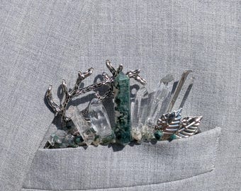 Passender Moosachat und Quarz, Blattsilber, Kristall, Boutonniere und Haarkamm Für Hochzeit, Braut und Bräutigam-Accessoires