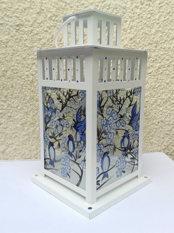 Hand painted, Blue Birds and Blossom Stained Glass Candle Lantern, Garden Ornament, Home Decor, Unique Gift Idea, Fairy Lights, LED Lamp.