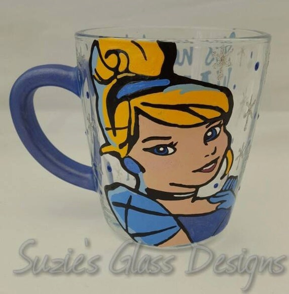Hand Painted Glittery Disney Cinderella Design Glass Mug Etsy