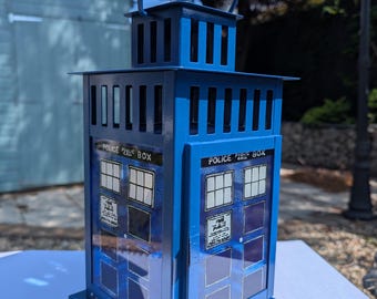 Hand Painted, Dr. Who, Tardis Stained Glass Candle Lantern, Sun Catcher, Night Light, LED lamp, Home Decor, Garden Ornament Unique Gift Idea