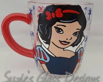 Pintado a mano, Glittery, Disney, Snow White Design Glass Coffee Mug Tea Cup, ¡Incluso por la mañana, sigo siendo la más bella de todas!