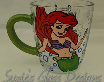 Hand Painted, Glittery, Disney, Ariel from The Little Mermaid Design Glass Mug Coffee Mug Tea Cup, Once I wake up I'll be part of that world
