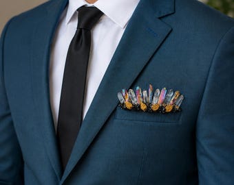 Zwart vergulde ruwe kwarts en bergkristal met antieke bladgoud en zwarte obsidiaan corsages voor bruiloft, accessoires bruidegom