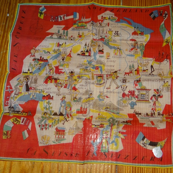 Vintage 1960s Souvenir Handkerchief Switzerland Map Attractions Stoffels Brand O.M. Muller (Mueller) Artist Folded Delicate 11 X 10-3/4