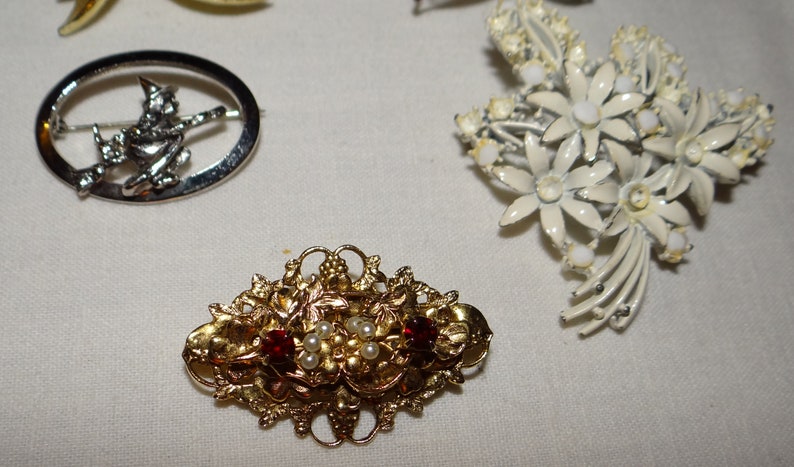 Lot of 5 Stylish Brooches Unmarked Witch on Broom Filigree Leaves Faux Pearls Victorian Style More Clearance Sale