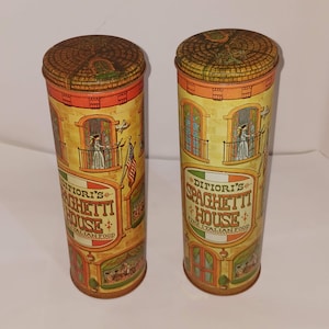 Vintage 1970s Pair of DiFiori Spaghetti Houses Vermicelli Spaghetti Storage Metal VG Shape 11” Tall Italian Scenes MCM
