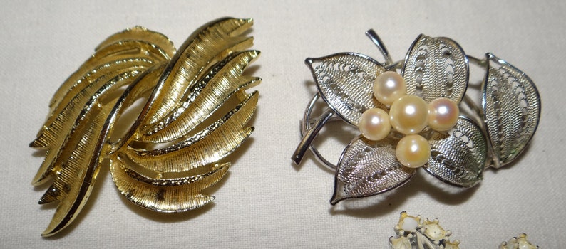 Lot of 5 Stylish Brooches Unmarked Witch on Broom Filigree Leaves Faux Pearls Victorian Style More Clearance Sale