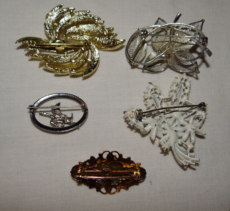 Lot of 5 Stylish Brooches Unmarked Witch on Broom Filigree Leaves Faux Pearls Victorian Style More Clearance Sale