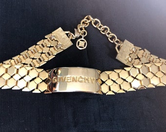 Givenchy Jewelry Necklace 1990s Choker Chunky Chain ID Name Plate Gold Tone Vintage Fashion Runway Model