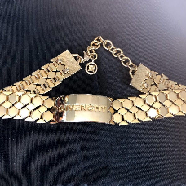 Givenchy Jewelry Necklace 1990s Choker Chunky Chain ID Name Plate Gold Tone Vintage Fashion Runway Model