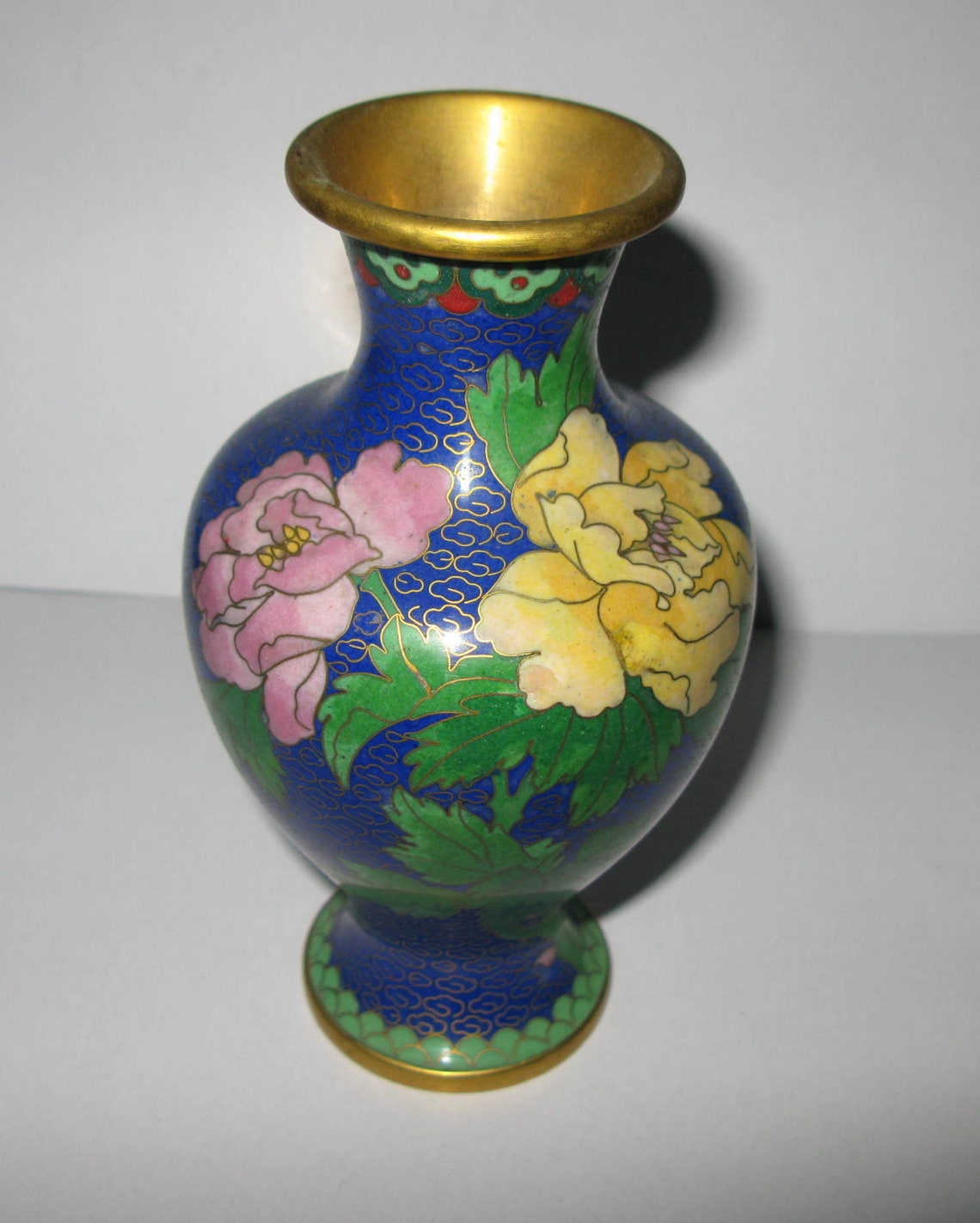 Cloisonne Vase Small 6 Blue Enamel Floral Flowers Gold Trim Vintage
