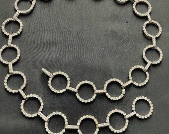 Vintage Disco Cowgirl Costume Women Rhinestone Belt Circle Chain Link Silver Metal Boho Hippie  38 inches Clear Prongs