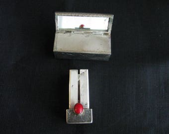 Silver Lipstick Case Mirror Vintage Antique Silver with Red Stone