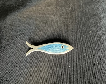 Guilloche Jewelry Fish Brooch Pin Blue Sterling Silver and Enamel Stamped JF Sterling Pisces Gift