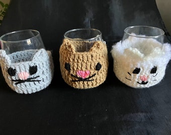 Cat Coffee Cup Holder Sleeve | Cat Lover Gift | Wine Glass | Pet Mom Meow Kitty Crochet